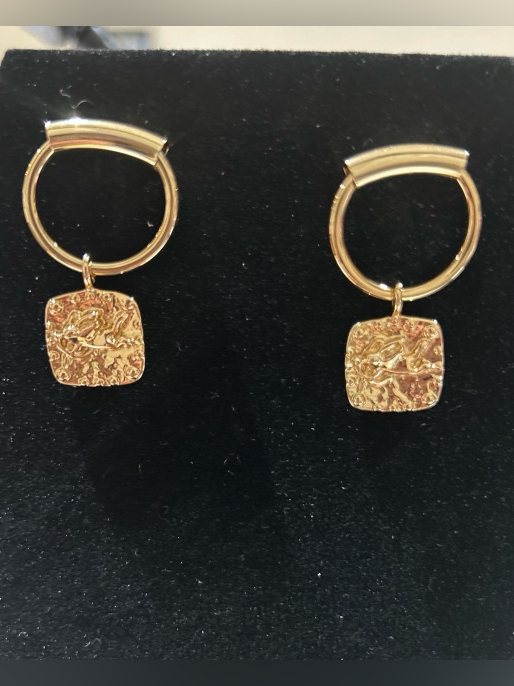 Gold Textured Cupid with arrow Square Charm Earrings - Women Jewelry